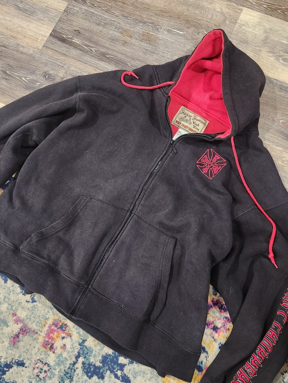 West Coast Choppers Jesse James Work Wear Full Zip Fleece Hoodie Black/Red 2XL